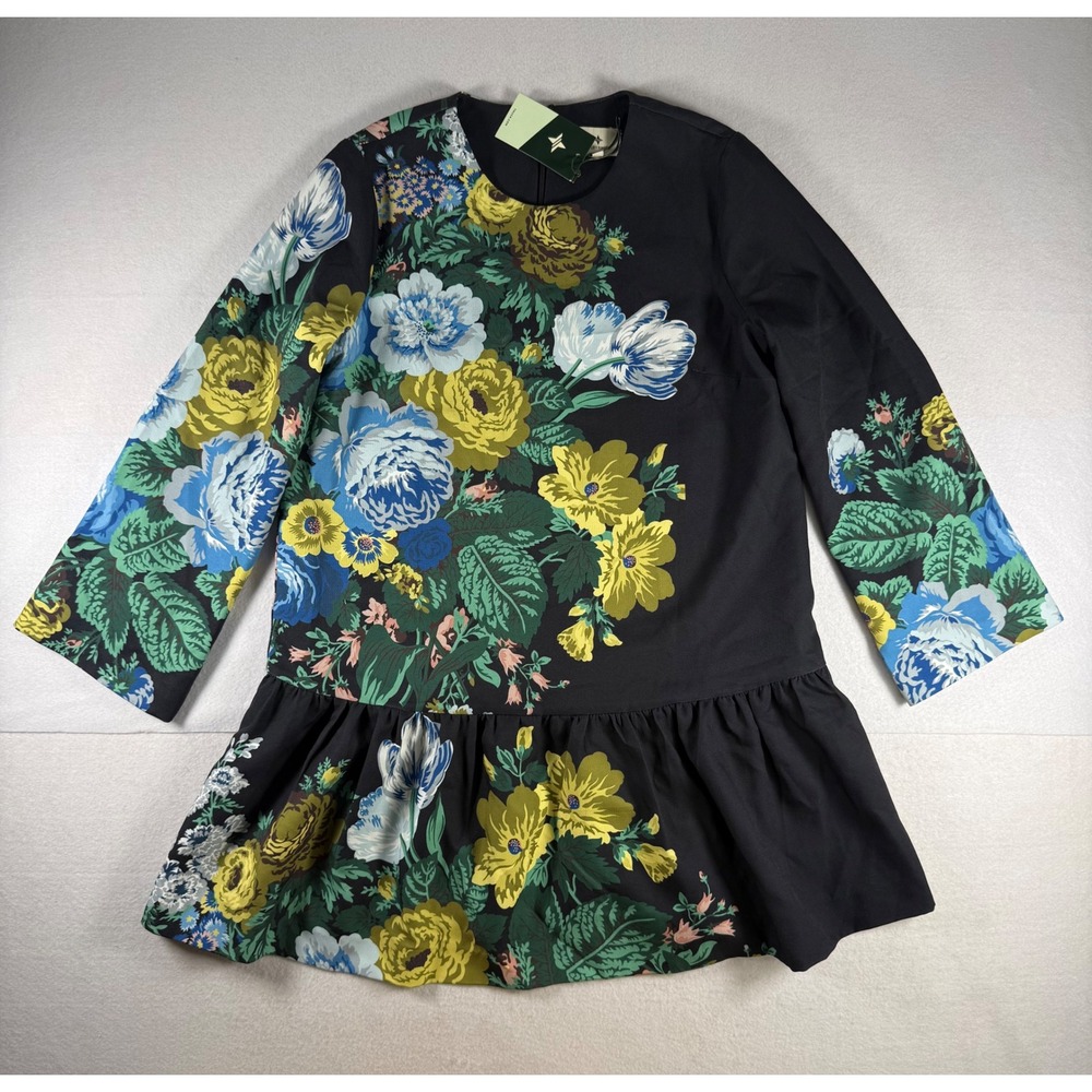 Tuckernuck Floral Drop Waist Dress Black Blue Yellow Ruffle Hem NWT Large